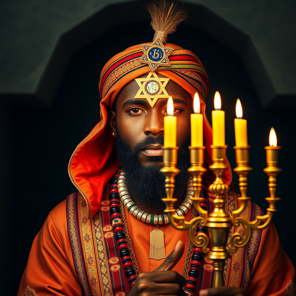 create a photorealistic image of a black man wearing traditional Indian dress they are wearing a Yamika and star of David while holding a menorah