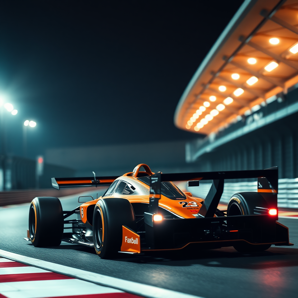 f1 mclaren car aesthetic cinematic photo in a race track