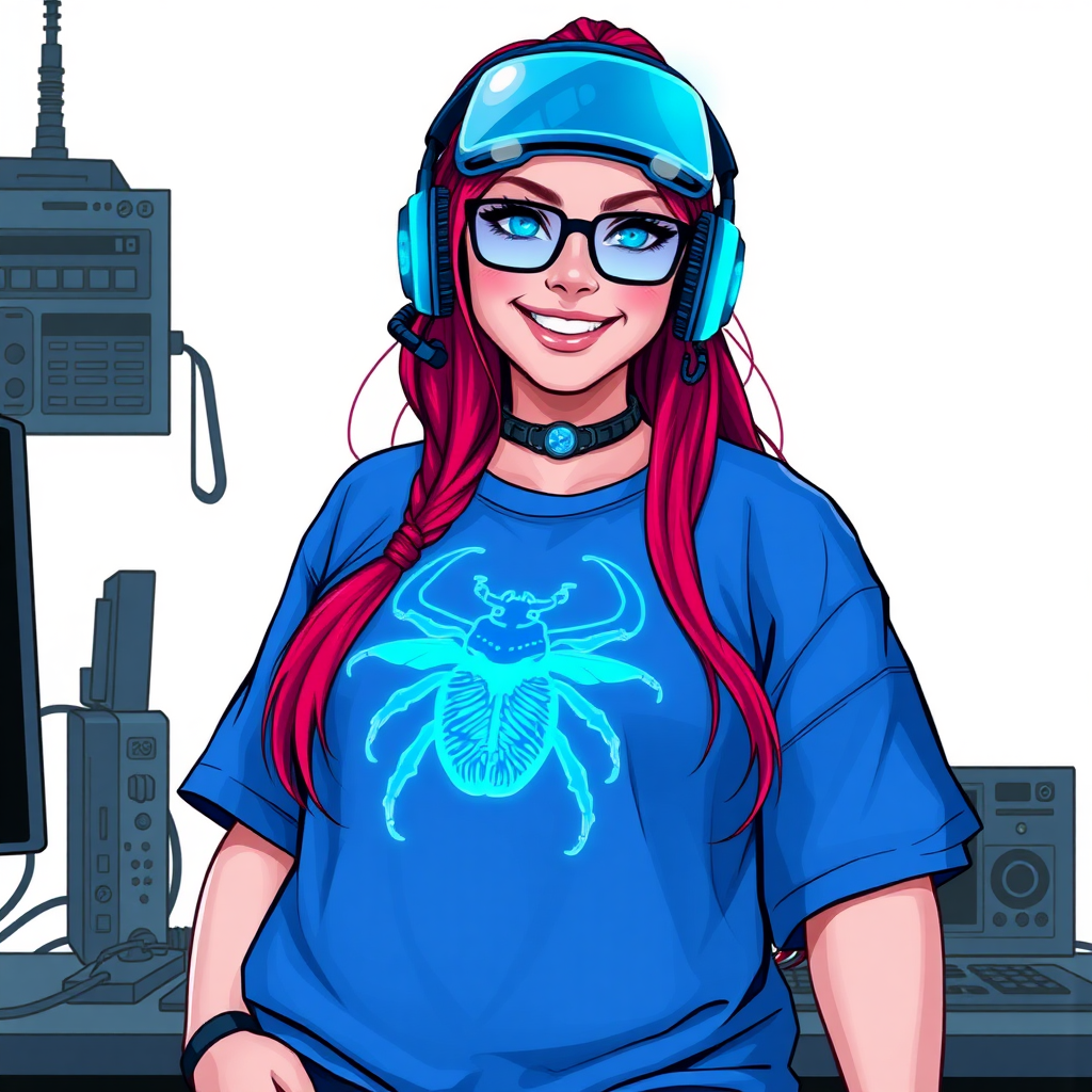 A cyberpunk vigilante’s full-figured intelligent and tech-savvy 29-year-old girlfriend, who is a computer hacker and tech genius. She has a long ruby red ponytail and bright blue eyes. She wears a sapphire beetle gemstone necklace, and an oversized maximum blue t-shirt featuring a giant neon blue glowing icon of a beetle on its chest. She has a full-figured physique with a prominent, gargantuan, well-rounded midsection, reflecting her well-cared-for lifestyle. She sports a sapphire headset with hi-tech maximum turquoise lensed HUD visor, black eyeglasses, and a beaming smile with a passionate bright red blush. Despite her figure and a lack of self-esteem, she radiates an air of beauty. She has a slim face which contributes to her radiant beauty. She serves as his tech expert from his hideout, diligently working at her lab table and computer desk. The background is solid white. She is drawn as if she was in a retro 2D cyberpunk fighting game.