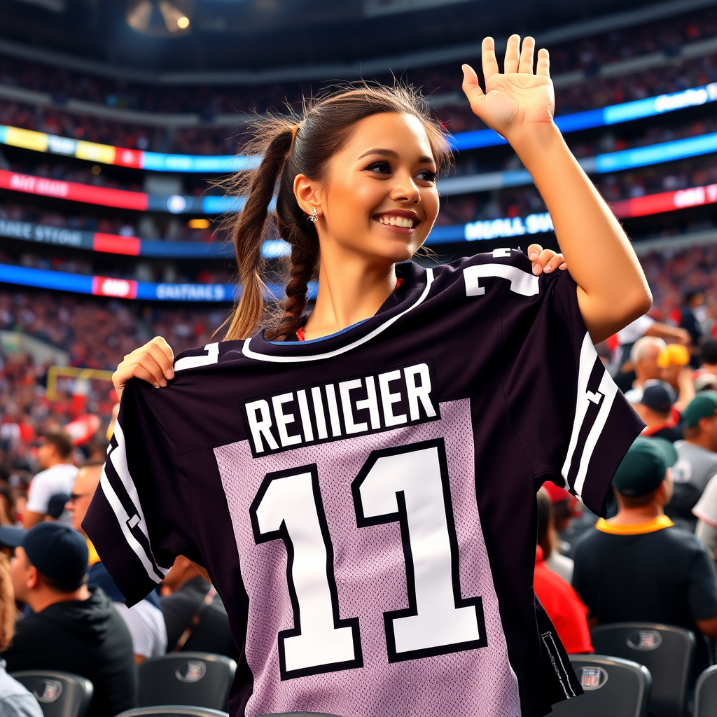 Attractive female NFL fan, pigtail hair, inside crowded bleacher, holding up a spare jersey, cheer, NFL stadium