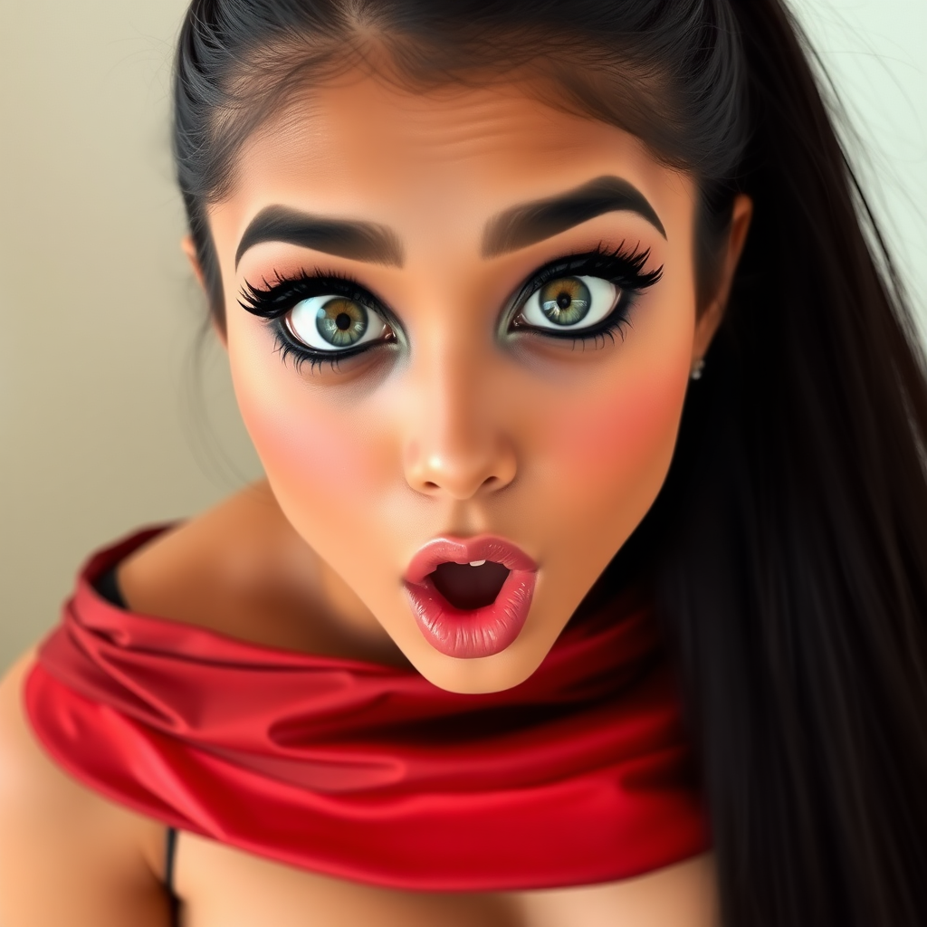 surprised Arabian girl with mouth open. She has very large eyes, black eyeshadow, black eyeliner, fake eyelashes, very tanned skin, very long hair. very high ponytail, red off shoulder shinny crop top. photo realistic, long straight black hair. crop top, pencil skirt, micro skirt, long legs.