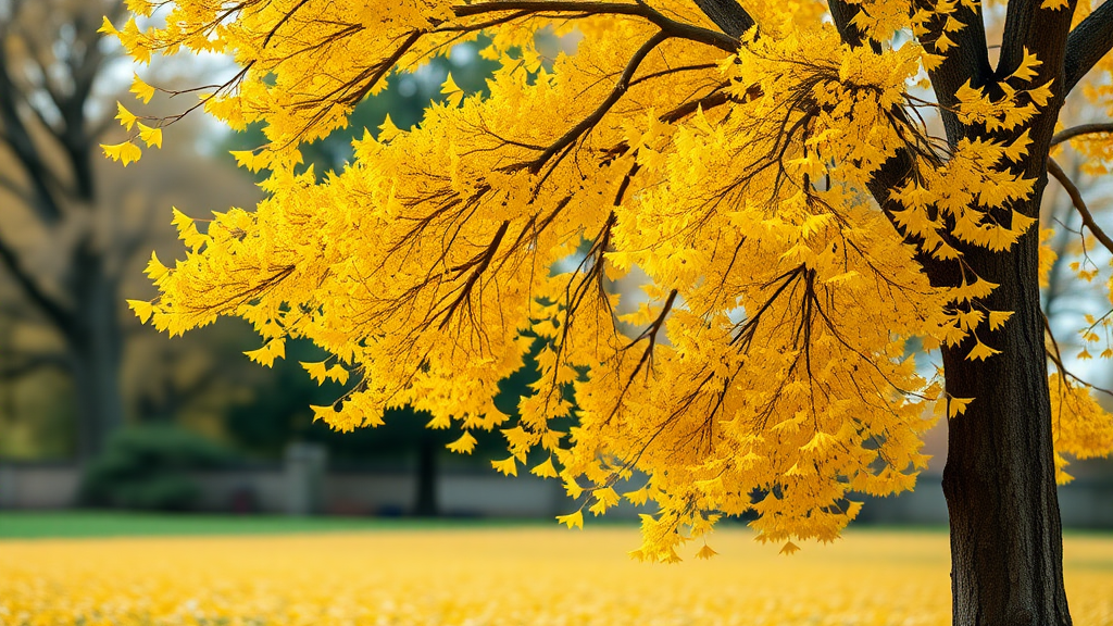 A realistic yellow ginkgo tree, with a large layout featuring a big yellow ginkgo tree placed on the right side, leaves falling from the tree below, and the background expressed in out-focus.