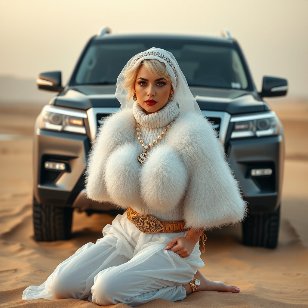 Kuwait desert dunes misty dawn, full size luxury SUV: Melissa, European 17 years old very convincing femboy “trophy-bimbo”, tamed servile docile, very beautiful feminine flawless face, rather short, by hormones very curvaceous womanly figured, platinum blond short tight curls, bold red lips, heavily made-up face, wearing Supertanya-style fluffy very fuzzy bright white angora turtleneck-poncho cropped ending under bust decorated with pearls and gemstones, striking oriental wide gold bridal protection belt, white fully transparent harem pants, full Oriental bridal jewelry including headpiece, white transparent harem-style alluring face veil covering noose and mouth, coin anklets, striking diamond “$$$” letter brooch on left chest, pout frustrated, hands tied behind back, kneeling in sand in front of SUV, looking at camera. Focus on face and turtleneck-poncho.