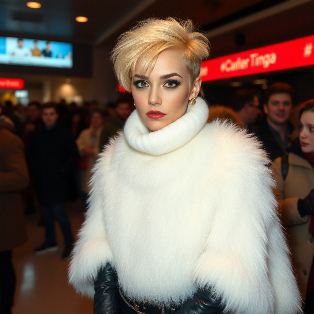 1990 winter evening, crowded cinema lobby: Sam, 19 years old beautiful involuntary femboy, rebellious intractable character, petite boyish figure, platinum blond boyish rebel punk hairstyle, flawless heavily made-up face with sharp arched tattooed eyebrows, wearing Supertanya-style fluffy very fuzzy bright white angora long turtleneck-poncho fully covering body and arms, black leather high-heeled thigh-high boots, gold earrings, puzzled alarmed, pout serious, impatiently waiting for her master. Full view, focus on Sam’s face and turtleneck-poncho.