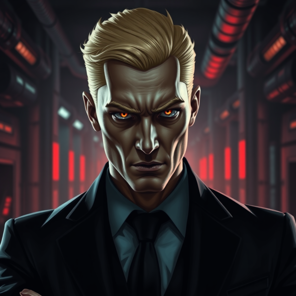 a dark and intense portrayal of the character Jackal from the Red Rising series. He is a cold, calculating figure with sharp features, and a cruel, piercing gaze. His left arm ends at the elbow. His blonde hair is neatly styled, adding to his sense of control and menace. His pupils are gold colored. Jackal should be dressed in sleek, formal attire, hinting at his high status in the Gold society. The background should be an industrial scifi, futuristic setting, with dim, metallic tones and glowing red lights, symbolizing the dystopian world he manipulates. His expression should convey both intelligence and ruthlessness, and his body language should exude authority, as if he is always planning his next move. he is 19 years old