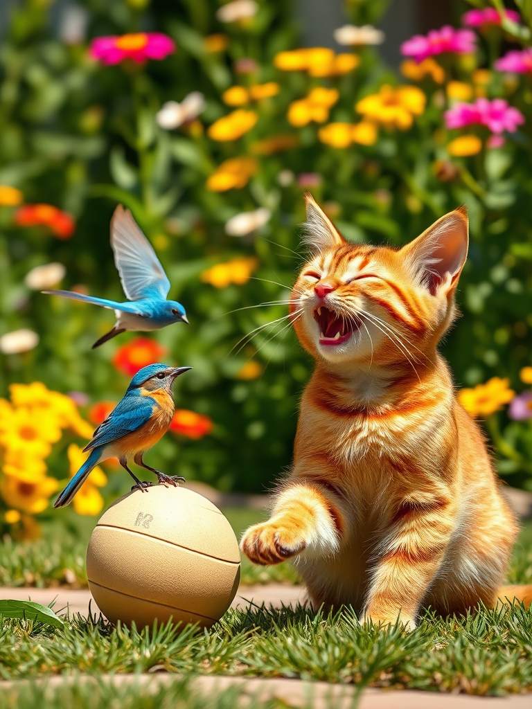 A realistic 4K scene of a Brown Cat and a Blue Bird happily playing with a ball together in a sunny garden. The cat is playfully batting the ball while the bird flutters nearby, both displaying joyful expressions. The colorful flowers and lush greenery in the background enhance the cheerful atmosphere of their playful reunion.