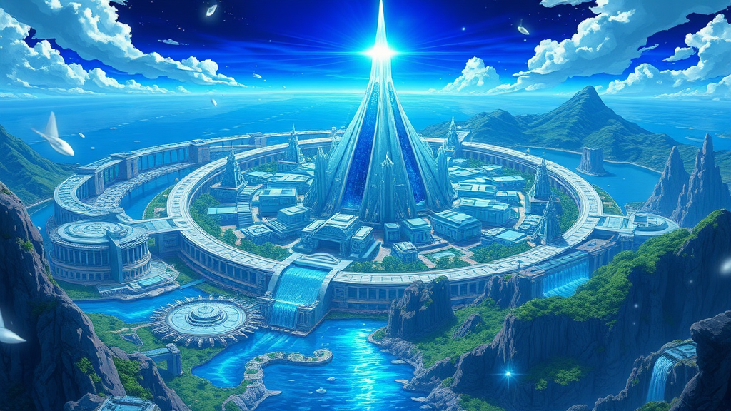 This anime art of Greater Atlantis is a stunning vision of futuristic elegance and mythical grandeur:

The cityscape is vast and intricate, with towering Greek-styled structures that showcase advanced technology. These buildings are crafted from blue marble, each uniquely shaped with flowing, ornate designs that blend classical aesthetics with futuristic elements.

At the heart of the city stands a colossal pure-quartz pyramid, its crystalline surface shimmering with an inner light. Atop the pyramid is a radiant crystal, casting a brilliant blue beacon that pierces the sky and serves as a focal point for the city's energy and power.

Surrounding the city is a magnificent ringed structure, which encircles the entire metropolis, providing both protection and a majestic boundary. The waters around the city are dotted with advanced technological artifacts, including white, floating, and hovering objects that glimmer as they drift over the surface.

The landscape features lush tropical lands, their vibrant greenery contrasting with the sleek, high-tech city. Nearby mountains are adorned with cascading waterfalls that flow gracefully into the expansive waters, enhancing the city’s serene yet powerful aura.

The sky above is a deep, rich blue, illuminated by the piercing blue beacon and various other lights that reflect off the crystalline surfaces. The overall scene combines elements of ancient grandeur and cutting-edge technology, creating a breathtaking depiction of Greater Atlantis that is both enchanting and awe-inspiring.