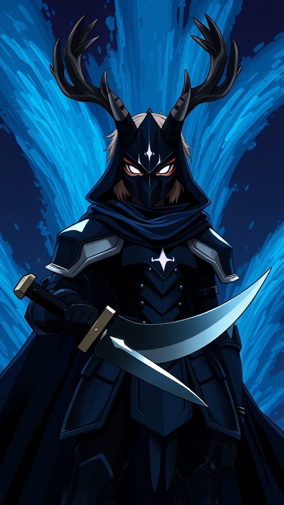 (Anime-pixel art) background of a massive blue-black-dark fountain erupting into the air, a fierce and violent knight stands poised for battle. She wears sleek, black knight armor, marked by a small perfect white eye symbol at its center, exuding an air of intimidation. Her face is obscured by a terrifying goat-like mask, with a single glowing white eye on the right, and another white eye symbol perched at the top of the mask, adding to her menacing presence. The knight's imposing silhouette is accentuated by two large, dark-silver shoulder guards that gleam ominously in the darkness. Draped behind her is a flowing dark-blue cape that billows dramatically, hinting at her formidable power. Atop her head, two impressive deer antlers rise, further enhancing her fearsome appearance, while her short, tousled blonde hair peeks out from beneath the mask, in her left hand, she wields a black-dark knife with a white aura around its edges.

This is the Roaring Knight, known as Mayor Holiday from Deltarune, captured in a striking full-body view that highlights both her ferocity and enigmatic allure.