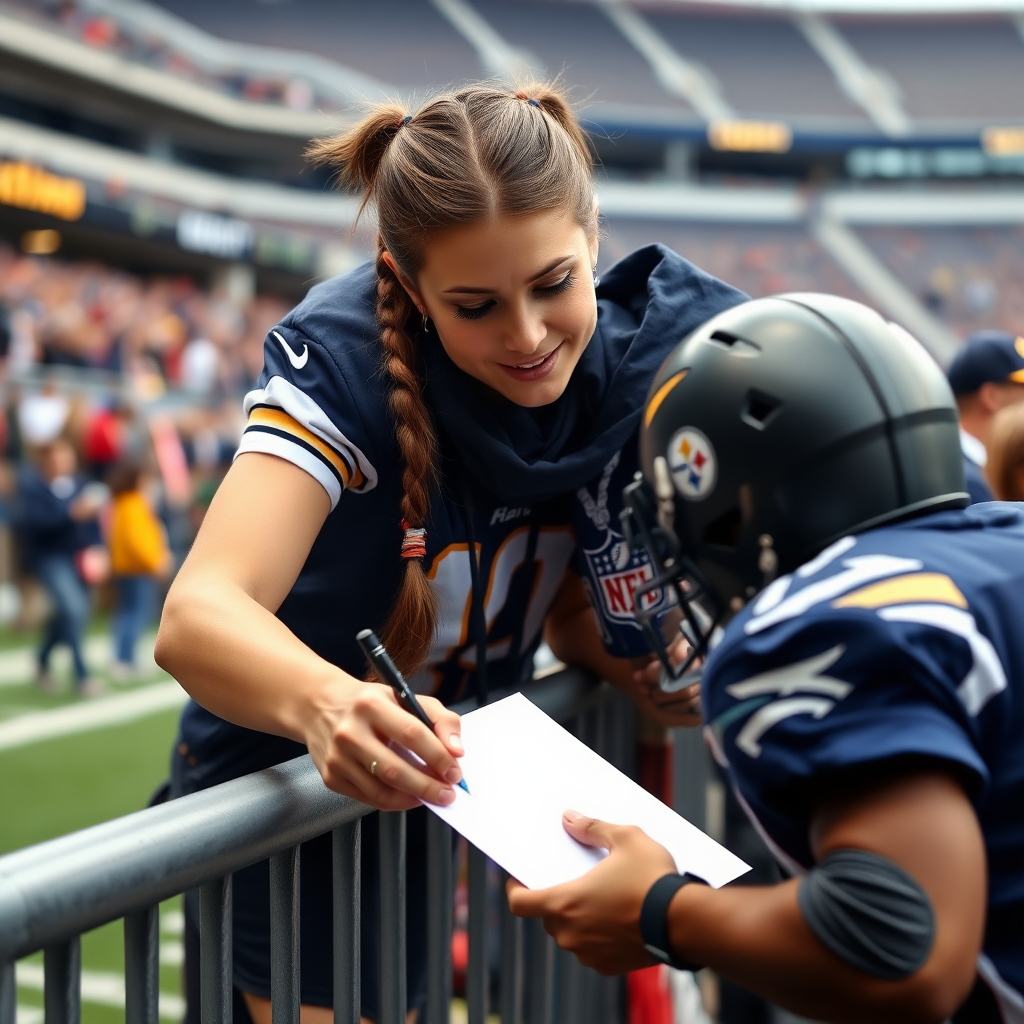 Attractive female NFL fan, pigtail hair, leaning forward over first row stadium barrier, giving a blank paper to a player, player signs it