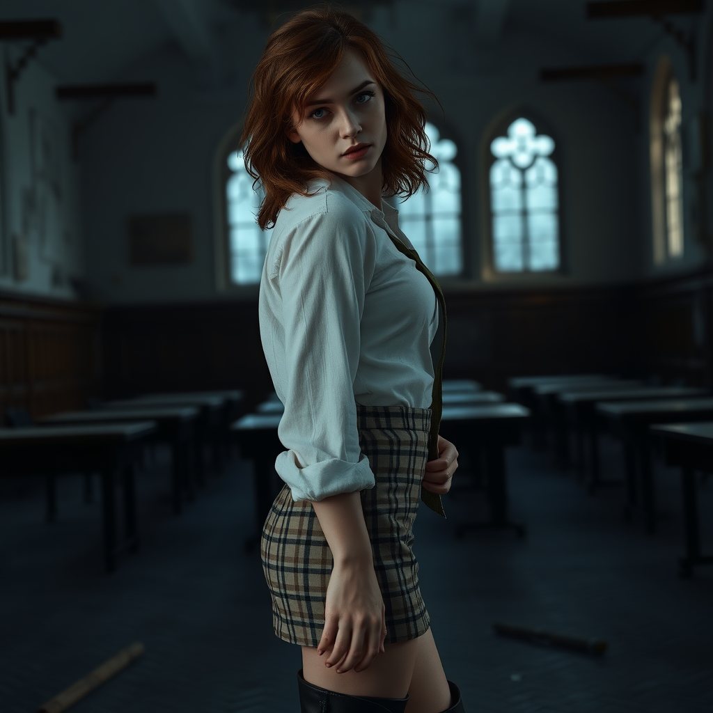 emma watson as hermione granger, tousled hair, seductive, very pale skin, no makeup, sideboob, overknee boots made from leather, short checkered miniskirt, stained white linen shirt, necktie, flat chest, cleavage, thoughtfully looking at viewer over shoulder, full body shot, erotic, teasing, dark and moody, skin details, skin imperfections, abandoned hogwarts classroom in background, blue hour, photorealistic, ultra high resolution, 16K, viewed from side, standing in shadows, sillhouette