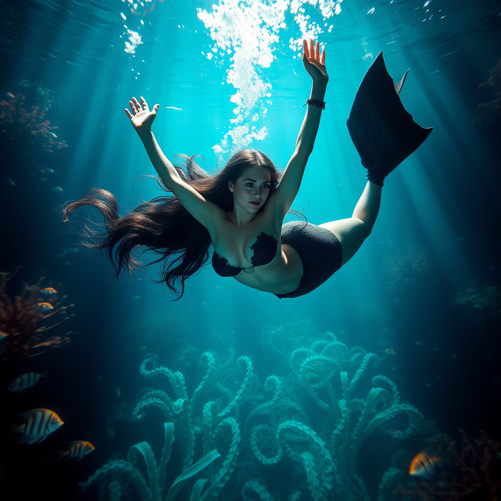 Vampirella floating underwater as a very sexy mermaid. The sea is deep and mysterious and filled with a myriad of ocean life plants, fish, and other aquatic life. Her glamor brought to real life in high definition DSLR. Dramatic lighting and shadows. Arms up.