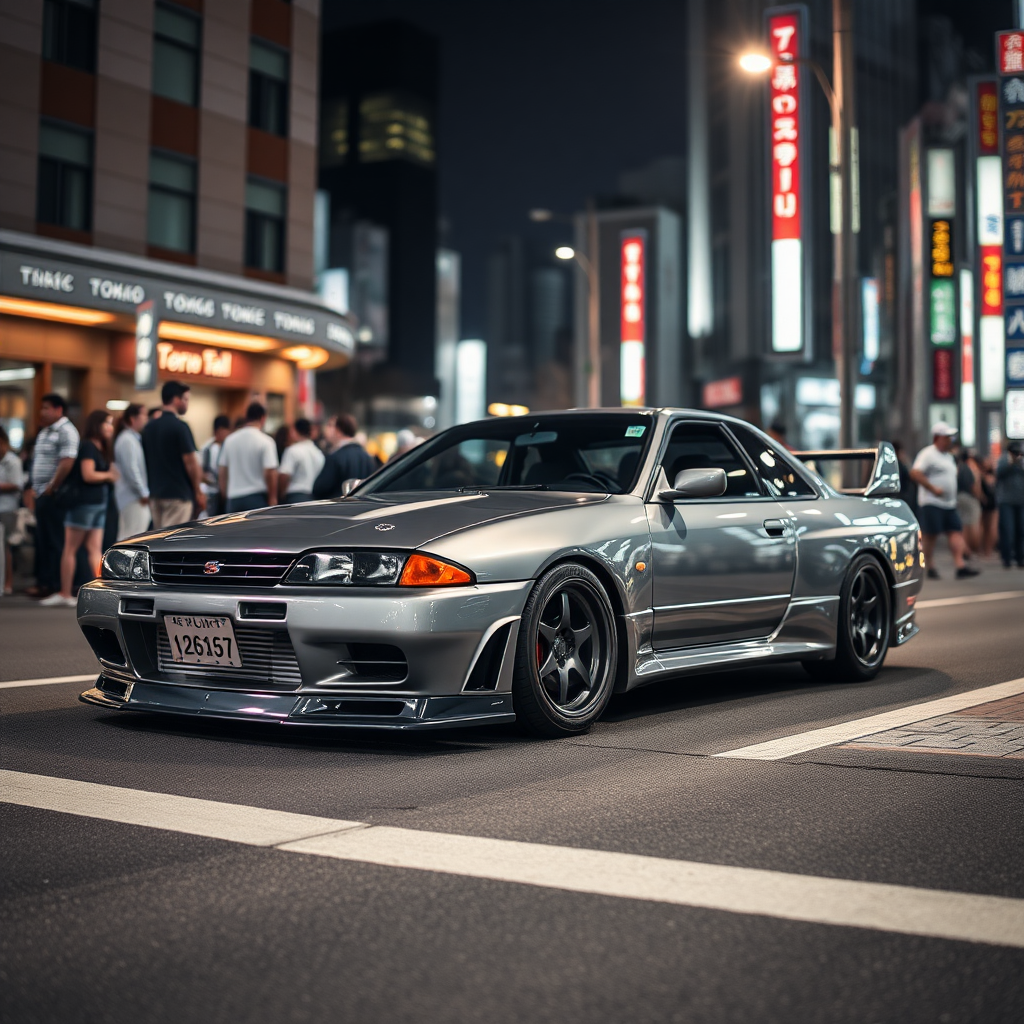 The car is parked on the side of the road, inspired by Taiyō Matsumoto, tumblr, restomod, nd4, c4 metallic shine gray black nissan skyline r34 crowds Tokyo night background detailed general details.