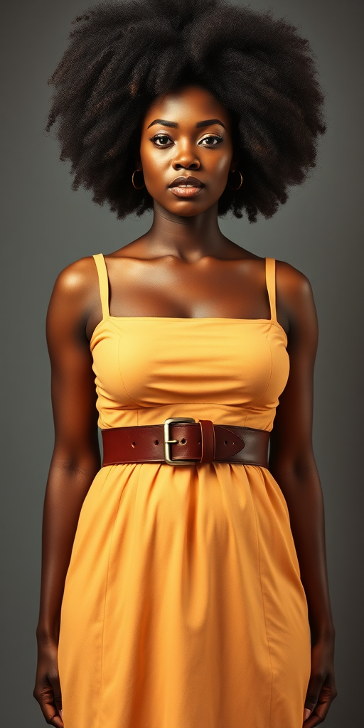 a fullbody photo of an african woman with big breasts with an afro wearing a dress that is tightened with a belt directly under the breasts