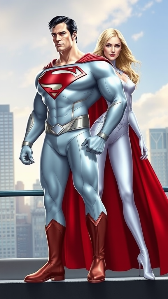 Generate a full-length image of Superman with Emma Frost's body type, while keeping Superman's head intact. Modify the body anatomy to reflect Emma Frost’s physique. Incorporate elements of Emma Frost's costume, such as her iconic white attire and accessories, into Superman's outfit. The background should be a fitting setting that complements both characters, blending superheroic and chic elements—perhaps a cityscape with touches of luxury. Ensure the image captures the essence of both characters while harmonizing their distinct styles.