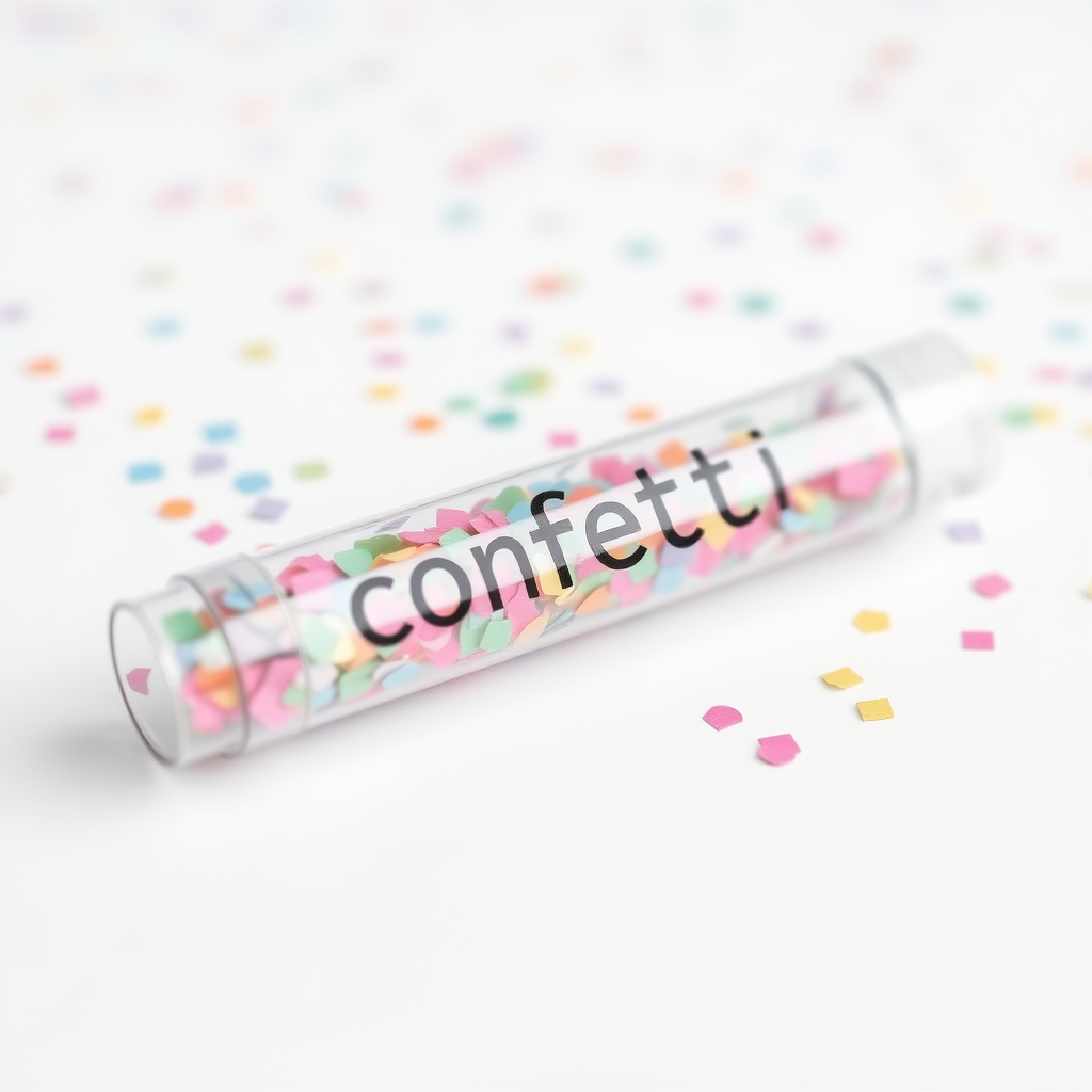 A photo of transparent confetti popper tube with confetti inside and with text "confetti" on it, lying flat at an angle, with confetti around it, white background, distant confetti blurred.