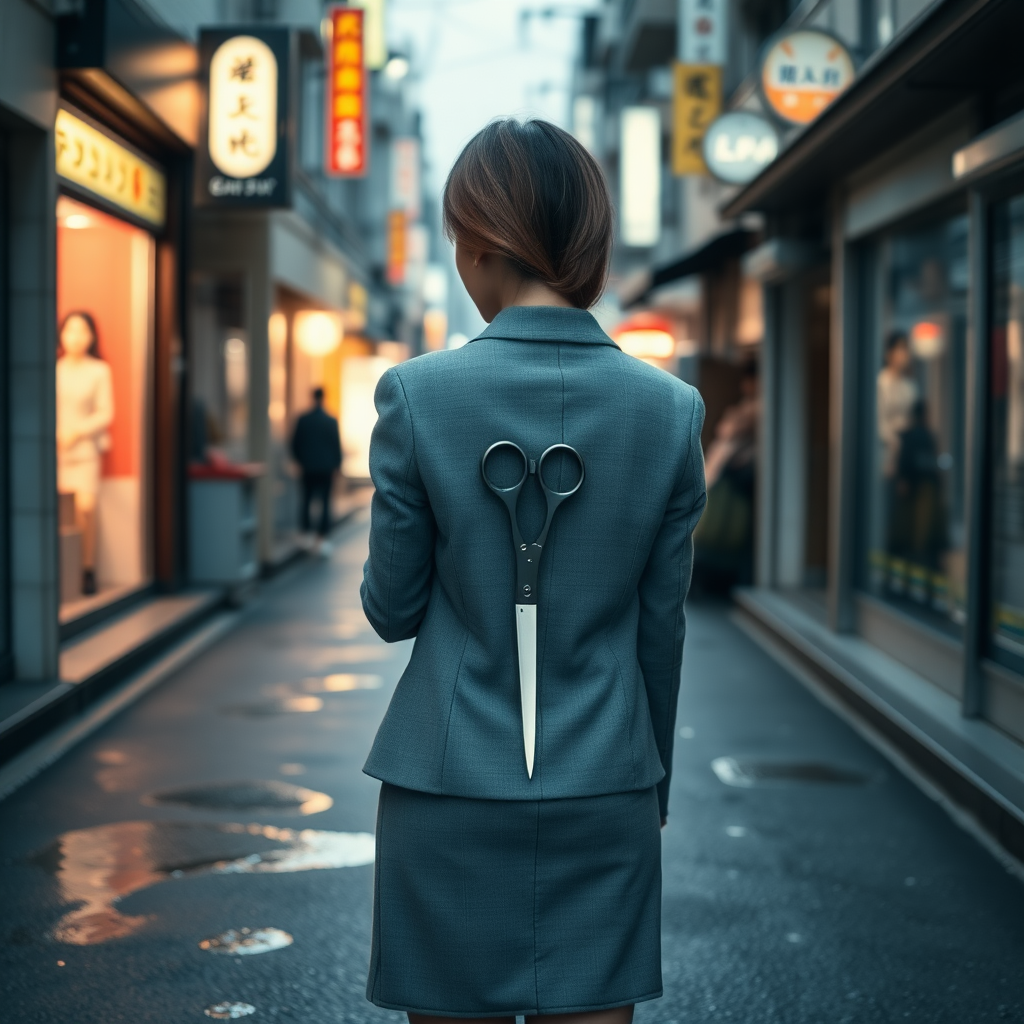 the back of a young Japanese businesswoman. She holds a pair of long scissors at her side. The scissors are pointed towards the ground. She wears a grey blazer and a grey skirt and faces the camera. The lights from the shops in the alleyway glint off of the scissors. The lights from the shops in the alleyway are reflected in the rain puddles scattered on the asphalt of the ground. It is late at night.