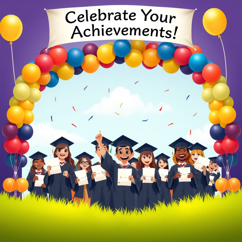 An imaginative scene depicting a graduation ceremony with a diverse group of students in caps and gowns, joyfully holding their diplomas under a colorful balloon arch, with a banner overhead reading, "Celebrate Your Achievements!"