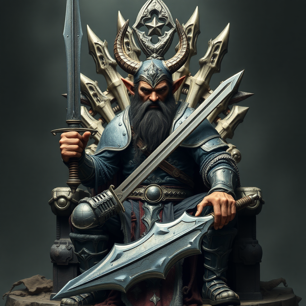 Hobgoblin warrior, around 30 years charismatic, wearing chainmail and a broadsword, he is sitting a bone throne, photorealistic