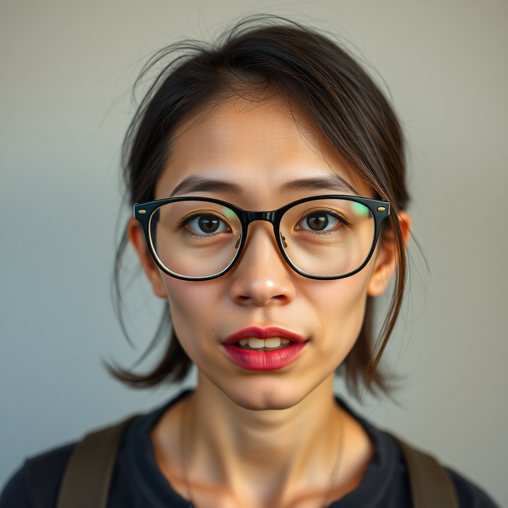 real casual photo, japanese nerdy skinny adult woman with big nose, big mouth, big yellowish teeth, moles, big eyeglasses and medium hair, serious expression