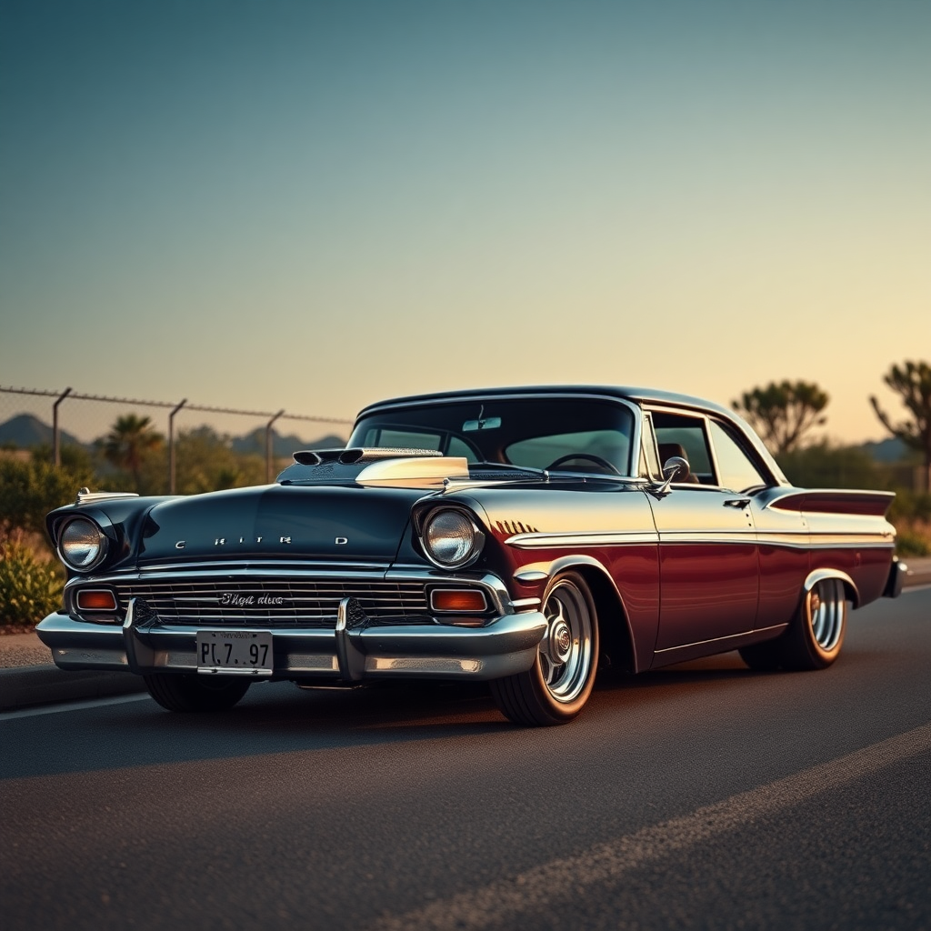 the drag car is parked on the side of the road, inspired by Taiyō Matsumoto, tumblr, restomod, nd4, c4 metallic shine classic american low rider custom ford