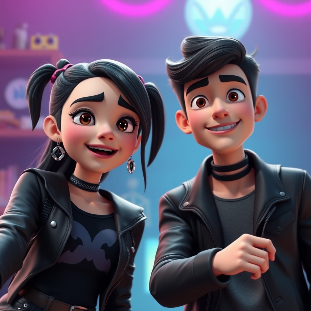 A goth girl and her boyfriend, in the style of the most popular modern 3D animated films. They are hosting an onlyfans live stream. The image captures them mid action.