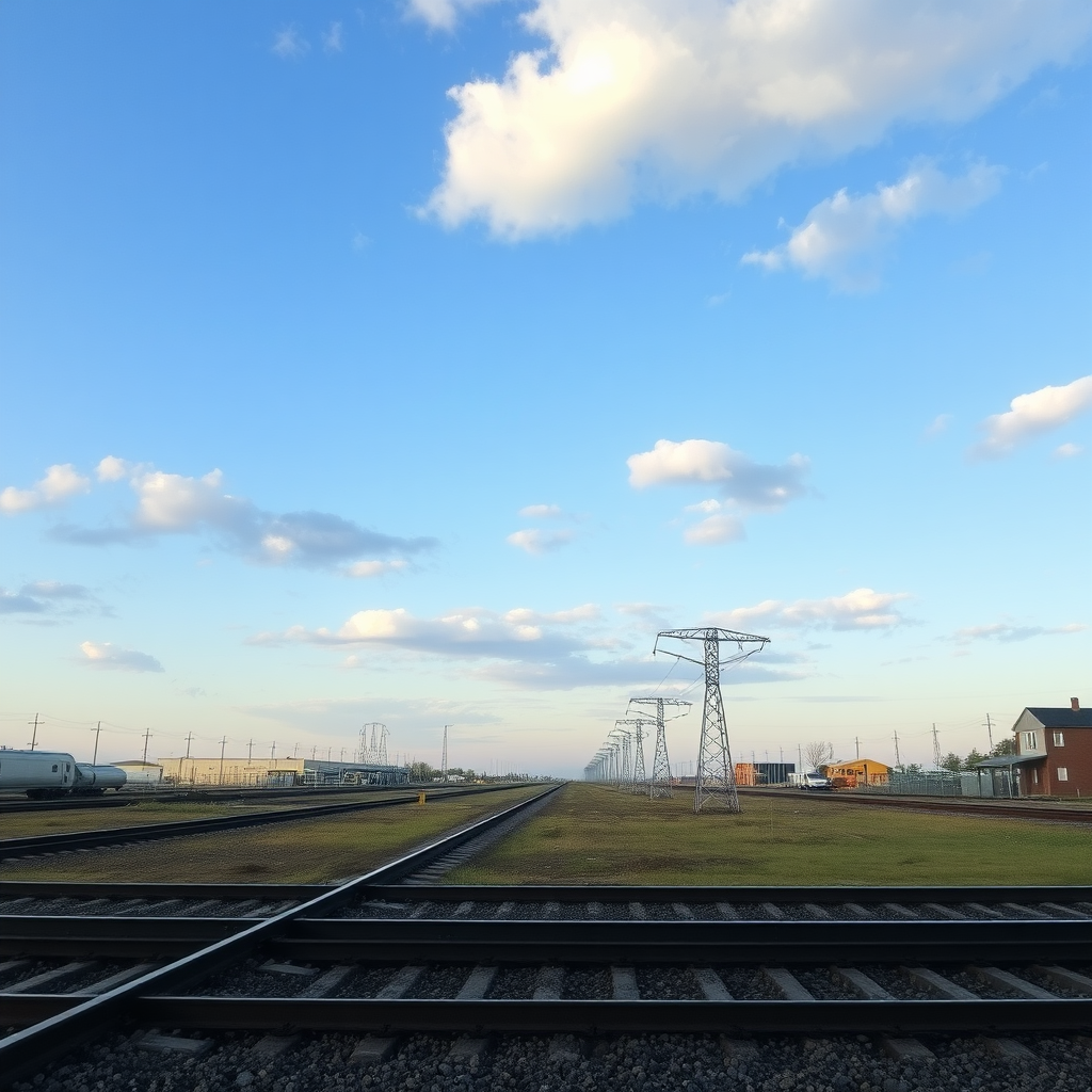 create me an image with a sky, an empty lot, train tracks viewed from the side, side view