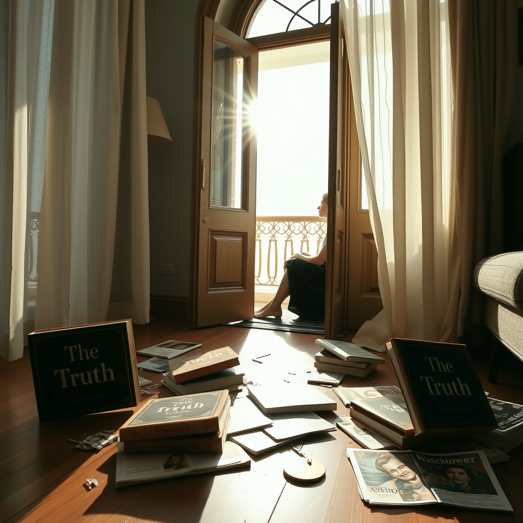 disrupted books "The Truth" and magazines "Watchtower" on the floor. in a room, the terrace door is opened, a woman is sitting in the doorway looking outside to the light. sun is shining outside. the curtains are moving by the wind.