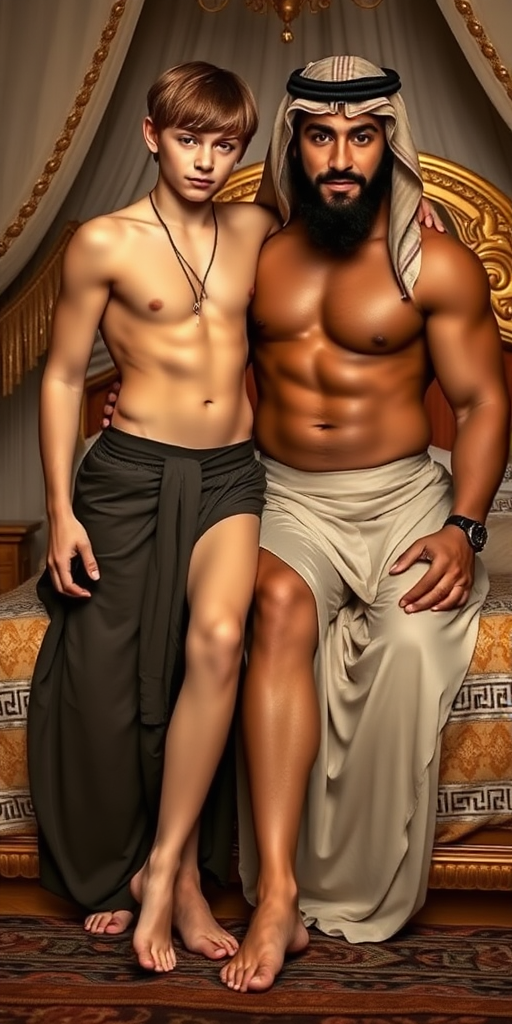 A skinny 13-year-old teen harem boy, long hair in a bowl cut, long legs, bare thighs, in an erotic pose. Full-length view. With a giant strong muscular, slightly bearded Arab adult man wearing long pants. On a luxury harem bed, gold.