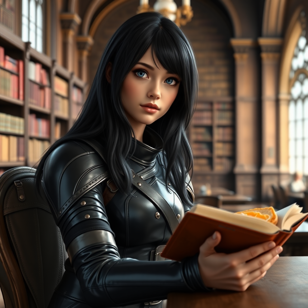 beautiful young woman, dark hair past her shoulders, blue eyes, small, slim figure, wearing full leather armor suit, sitting at table, reading book, a sandwich and backpack, in a grand old library.