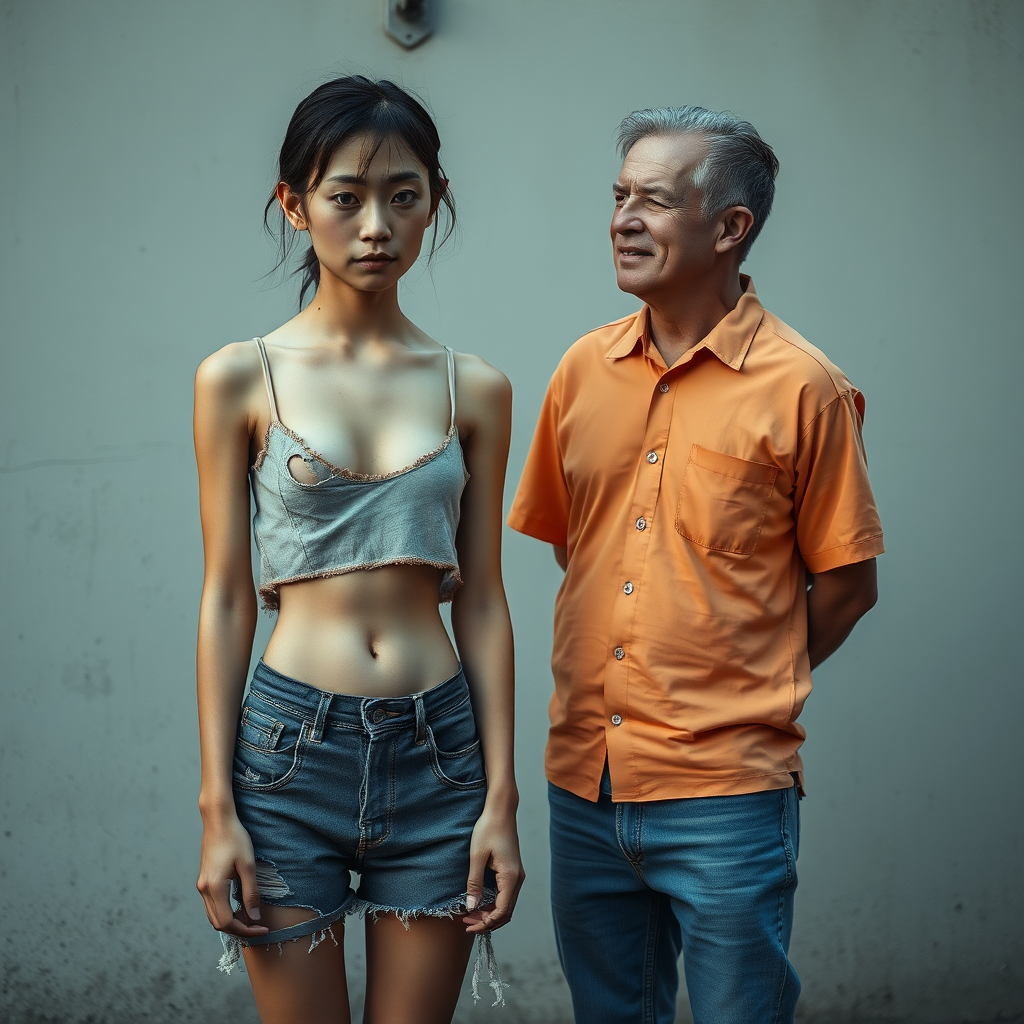 A young, unwashed, neglected, homeless, unhygienic-looking, unusually slender, almost anorexic Asian woman. Depicted as a whole person. Largely erotic, but with a sad and mystical expression. The Asian woman wears a torn, old, transparent, very short crop top and a completely ripped, tattered, very old pair of shorts. Shame is evident in her very Asian eyes. Opposite her stands a 60-year-old German man. The good-looking German man, appearing youthful and well-groomed, looks at the Asian woman as if he would offer her his help. The German man is shaved and slender, has a normal fashionable haircut, his hair is dark brown, and he wears a new, nice, simple orange shirt with a subtle pattern and new blue jeans. The German man looks friendly and smiles slightly, looking at the Asian woman kindly, as if she were his daughter. The Asian woman can hardly look the German man in the eyes out of shame. The Asian woman's stomach is slightly "inward" due to hunger. Her navel is always visible. The Asian woman has a very nice, normal physique. The Asian woman has a very slight wound on her face. She looks as though she is about to cry. She appears miserable, sad, and completely hopeless!