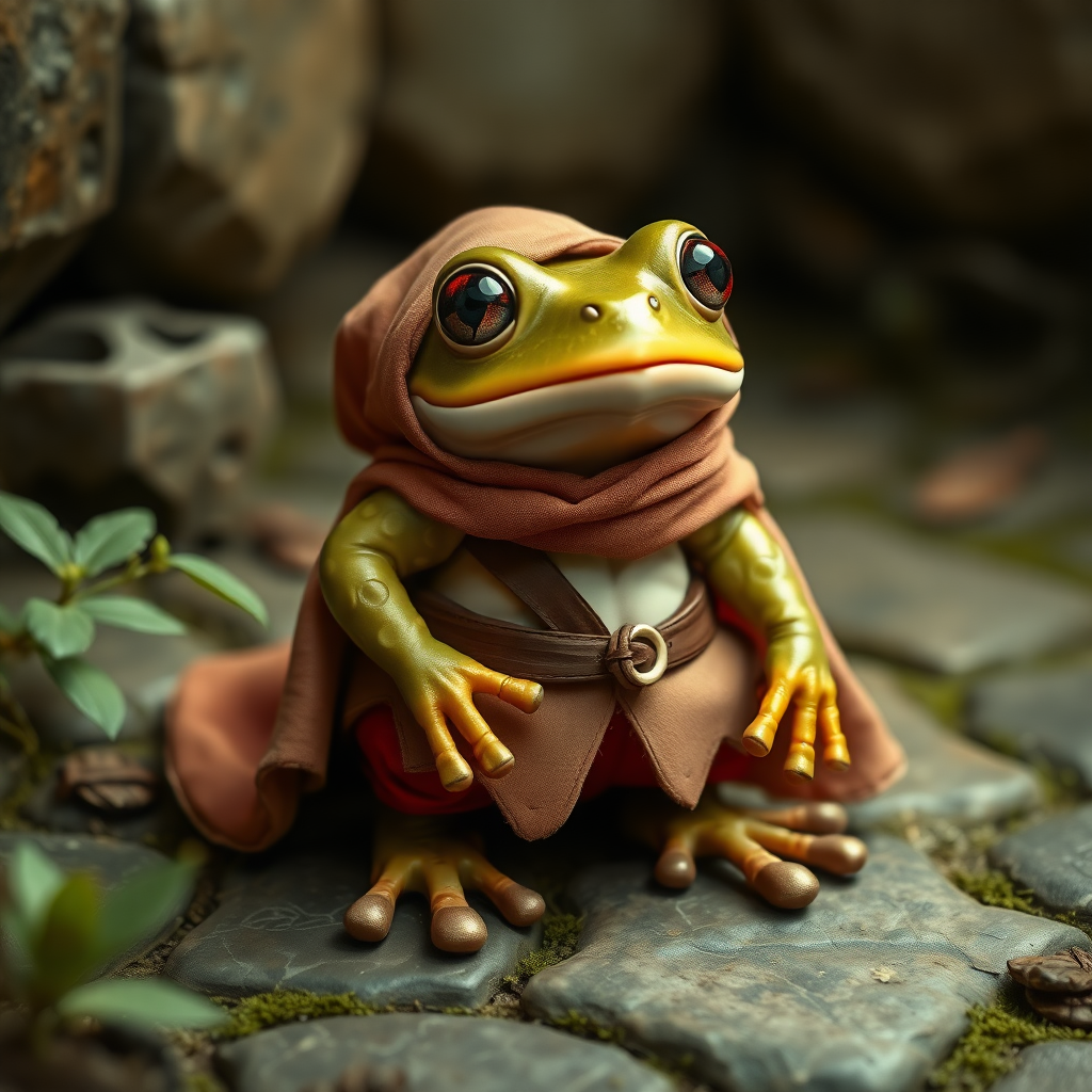 Anthropomorphic baby frog in a medieval setting and clothing and shoes