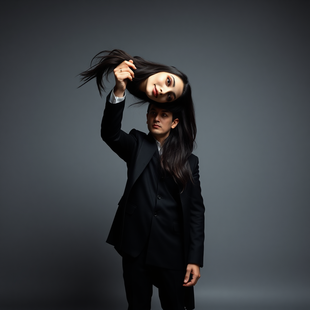 In a well lit room with stark minimalist decor, a magician stands confidently before the camera, his sharp silhouette contrasting against the plain gray background. The atmosphere is thick with a blend of intrigue and eeriness as he holds aloft the severed head of his long-haired female assistant. Her flowing locks cascade around his fingers, glistening dark and vibrant as they catch the light. The magician, with an enigmatic smile, leans forward, pressing his lips to her cold mouth in a disturbing display of affection.

The scene is quiet, except for the soft rustle of fabric as the magician’s cape drapes dramatically around him. A faint chill seems to fill the air, heightening the surreal and macabre nature of the tableau. The head’s lifeless eyes, framed by long lashes, still reflect a glimmer of magic and mystery, inviting the viewer to question the boundary between illusion and reality. The minimalist decor emphasizes the unsettling focal point of the performance, leaving the audience trapped in a moment that is both captivating and chilling.