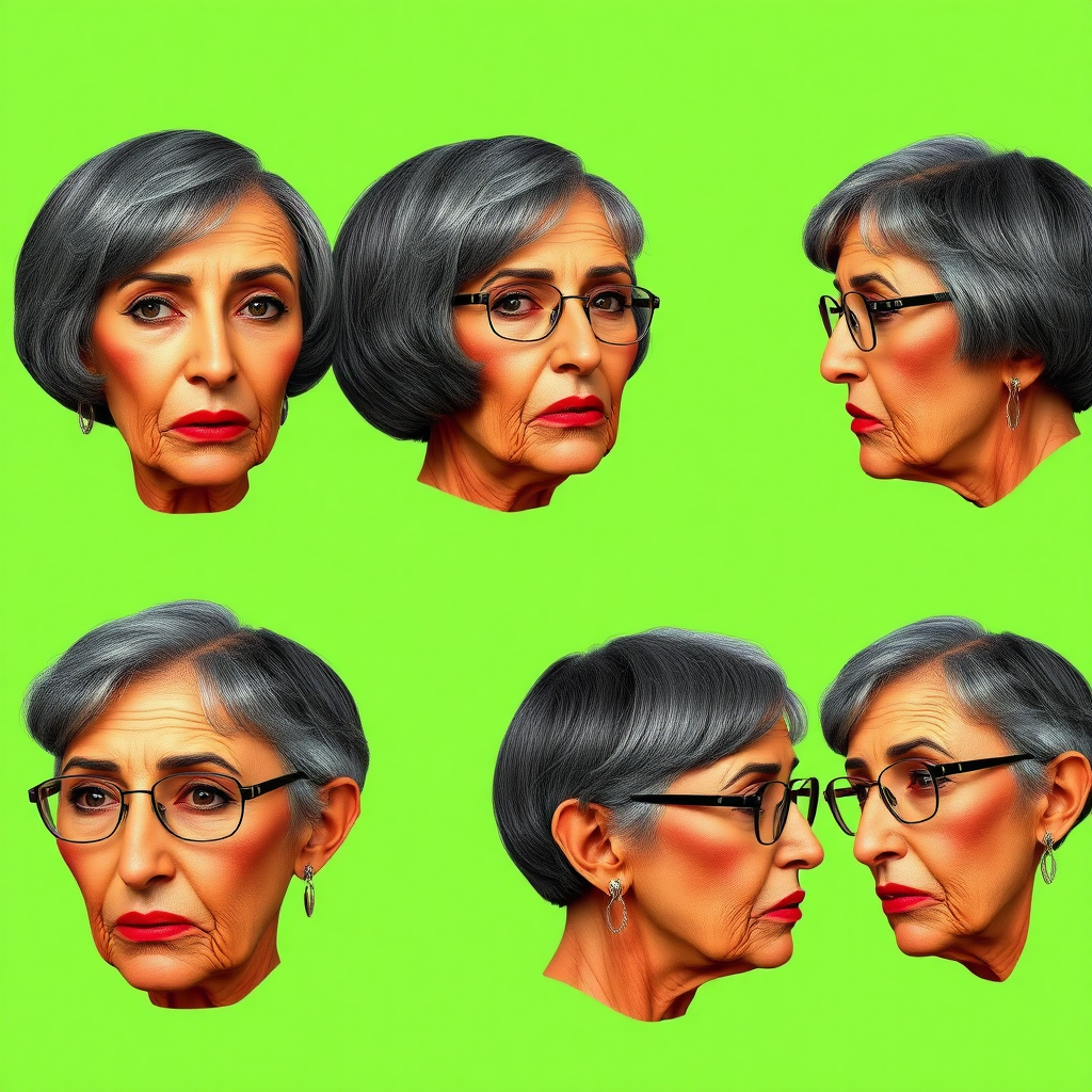 Photorealistic image of six headshots of a 50 Years old, fit, European, Latina, sharp aquiline nose, wrinkles, high cheekbones, Middle Eastern, Skinny, Tanned skin, Dark light skin, full Makeup, jewelry, Sharp nose, exaggerated expression, embarrassed, ashamed, mouth open, dark grey Ash hair, short bowl haircut, Brown eye color, Glasses, with detailed features. Each photo displays the same face in back, profile and front view, cut out and isolated on a green background. All six heads are visible side by side, empty space around each view, no overlapping.