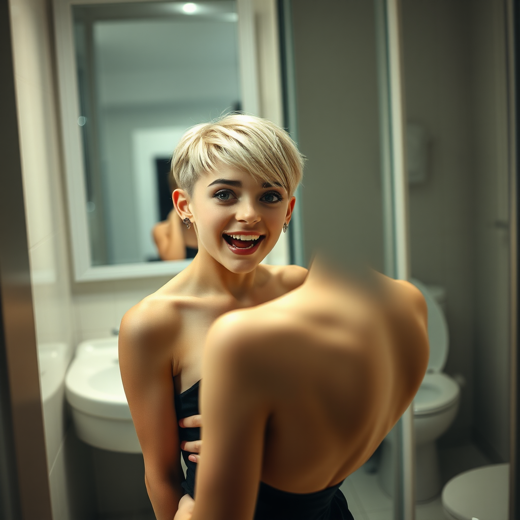 photorealistic, ultra high resolution, 16K, surreal fantasy, studio lighting, a 35 year old mother who is fully dressed for work is watching her pretty 14 year old goth son, slim male physique, short blonde hair, goth makeup, earrings, pantyhose, white ballet shoes, in the bathroom, excited smile, facing the camera.