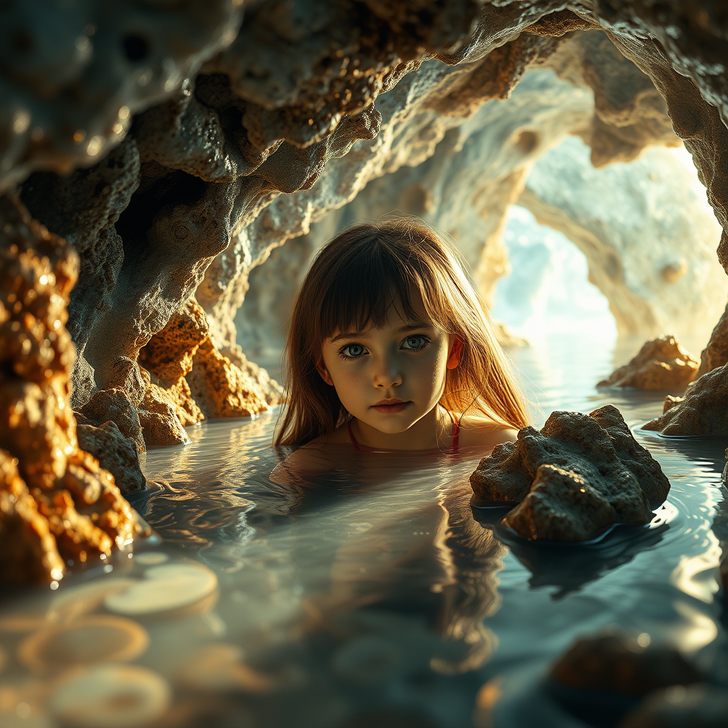 a young girl in a flooded cave, bjd, high quality photo, intricate environment, ultra-detailed, impressionistic, dynamic composition, artistic photograph, geode, alabaster, gold, fractal, intense colors, glittering, sunlight, illumination, transparency, mandelbulb