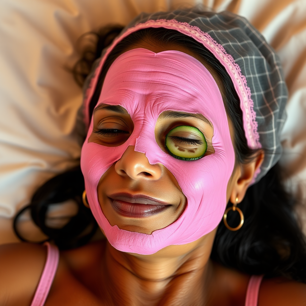 A skinny, traditional, 30-year-old Indian wife with hair covering, wearing a bra, lying on a bed. Her face is covered with a pink face mask, and her eyes are covered with cucumber slices. She looks satisfied from her facial expression.