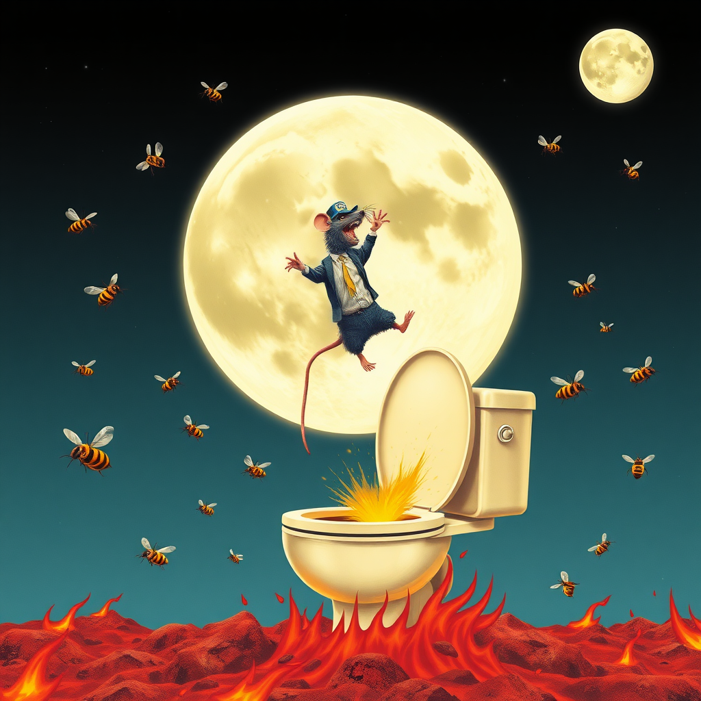 A rat politician diving off the moon into a toilet, bees, 2000s musical movie poster, no text, hell