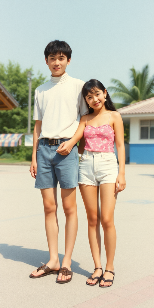 Vintage photo, 1980s. Hot summer. Korea. Tall 14yo teen boy and girl. Long legs, bare thighs. Full length view.