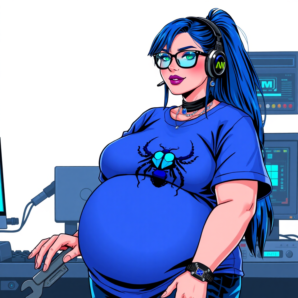 A cyberpunk vigilante’s full-figured intelligent and tech-savvy 28-year-old girlfriend, who is a computer hacker and tech genius. She has a long maximum blue ponytail. She wears maximum blue lipstick, blue eyes, a sapphire beetle gemstone necklace, sapphire earrings, black eyeglasses, and an oversized maximum blue t-shirt featuring a blue sapphire gemstone crusted chest icon of a beetle. She has a full-figured physique with a prominent, massive, round belly, reflecting her well-cared-for lifestyle. She sports a sapphire headset with a hi-tech maximum turquoise lensed HUD, and a shy smile with a neon red blush. She serves as his tech expert from his hideout, diligently working at her workbench and computer desk, while holding an electronic wrench and a holographic computer tablet. The background is solid white. She is drawn as if she was in a retro 2D cyberpunk fighting game. Ensure her maximum blue t-shirt covers her belly.