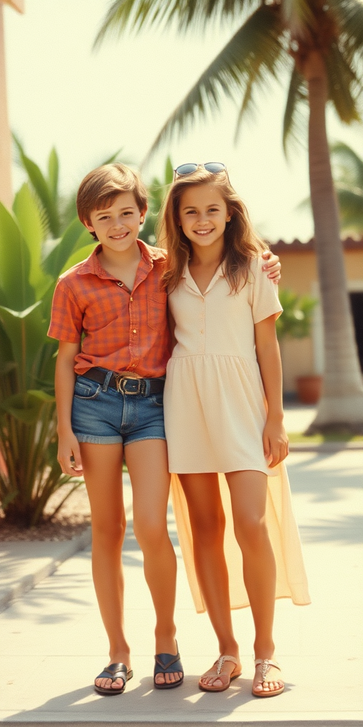 Vintage photo, 1980s. Hot summer. Mexico. A tall skinny 13yo teen boy wearing short shirt, tight booty shorts, long legs, bare thighs. With a girl wearing shirt, long skirt. Full length view.