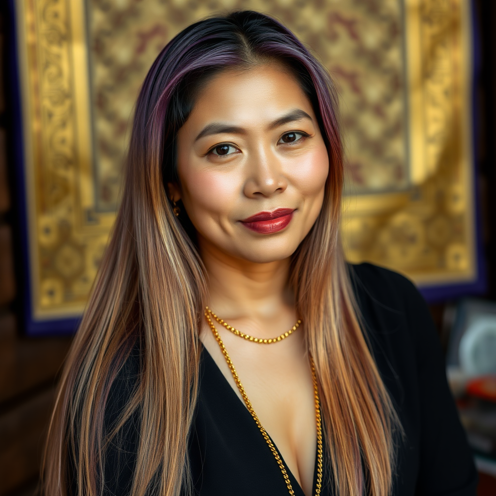 A 45 Year young North-East Thai Women with gold and violet colored long straight Hair and a fine Gold chain.