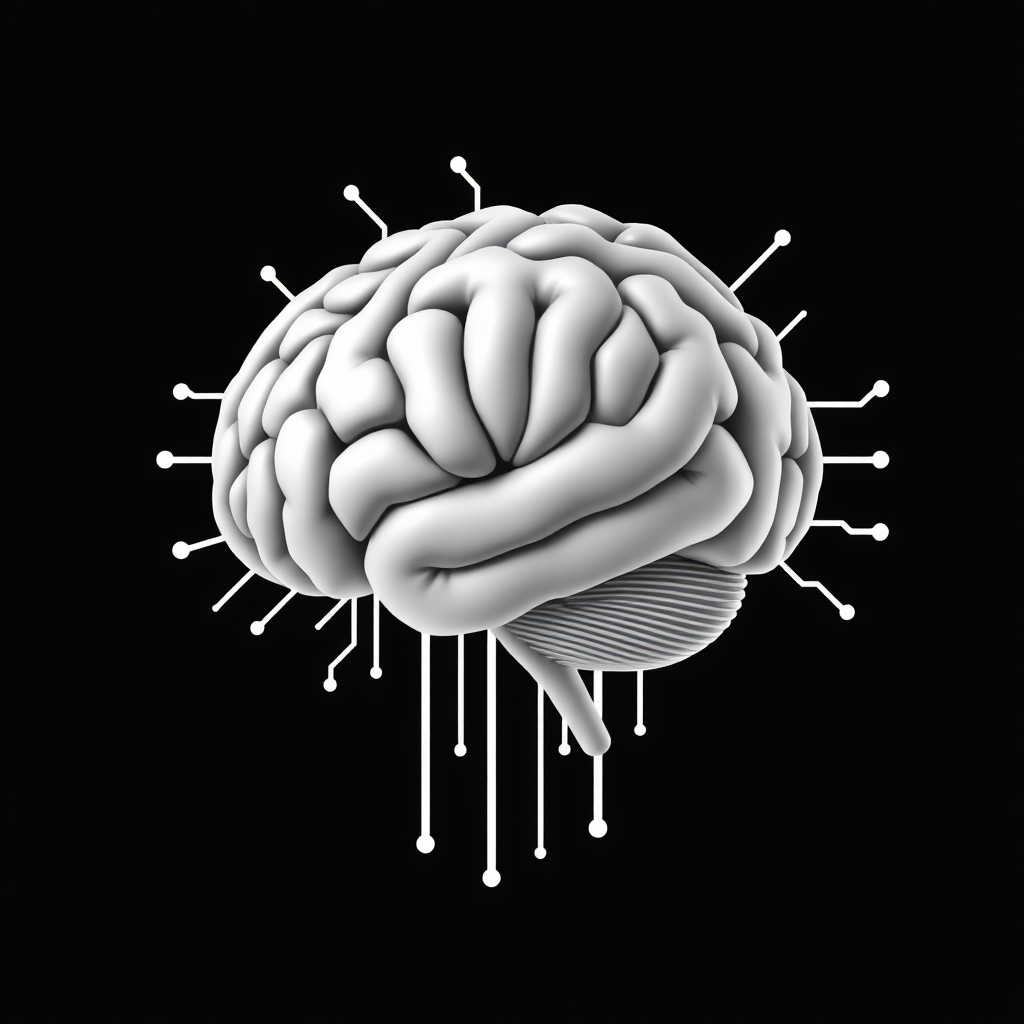 Solid White AI Digital Microchip Circuit Board Brain Thinking Clip Art Image Showing Computer Power & Innovation On Solid Black Background No Shading, No Fading, No Broken Lines