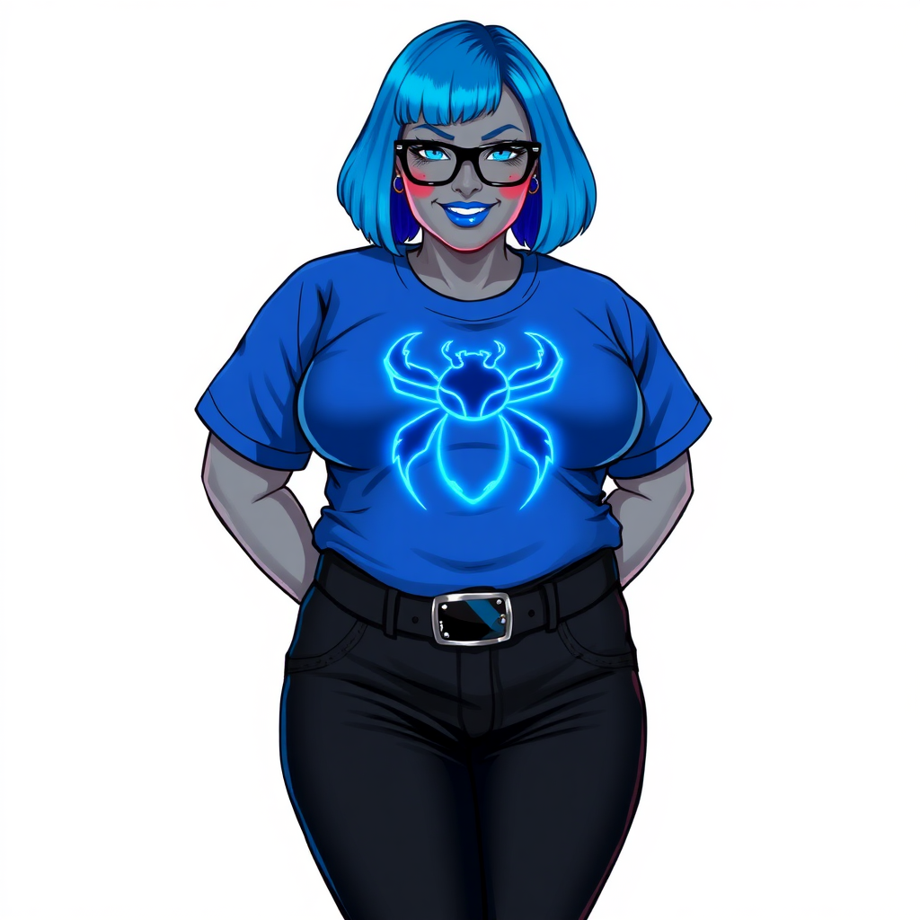 A 28-year-old, full-figured, metallic middle gray skinned computer program hybrid with a maximum blue bob cut. She has a non-athletic build, highlighted by a prominent, round midsection (with emphasis on her belly). As a digital sidekick, computer hacker, and nerdy girlfriend to her cyberpunk vigilante boyfriend, her middle gray metallic skin and maximum blue lipstick emphasize her digital nature. She wears a huge, tight-fitting, maximum blue t-shirt (accentuating and covering her belly) with a neon blue glowing chest icon of a beetle, black pants, a black belt with a sapphire scarab buckle, and black gloves. Her bright blue eyes, black eyeglasses, and lovestruck smile with neon red blush accentuate her nerdiness. She stands bashfully with her hands behind her back, her t-shirt covering her midsection (especially her belly) and emphasizing her full-figured, non-athletic physique. She is on a solid white background. She is drawn as if she was in a retro 2D cyberpunk fighting game. She is clearly non-athletic, with a focus on her full-figured physique. Ensure her t-shirt covers her midsection (especially her round belly).