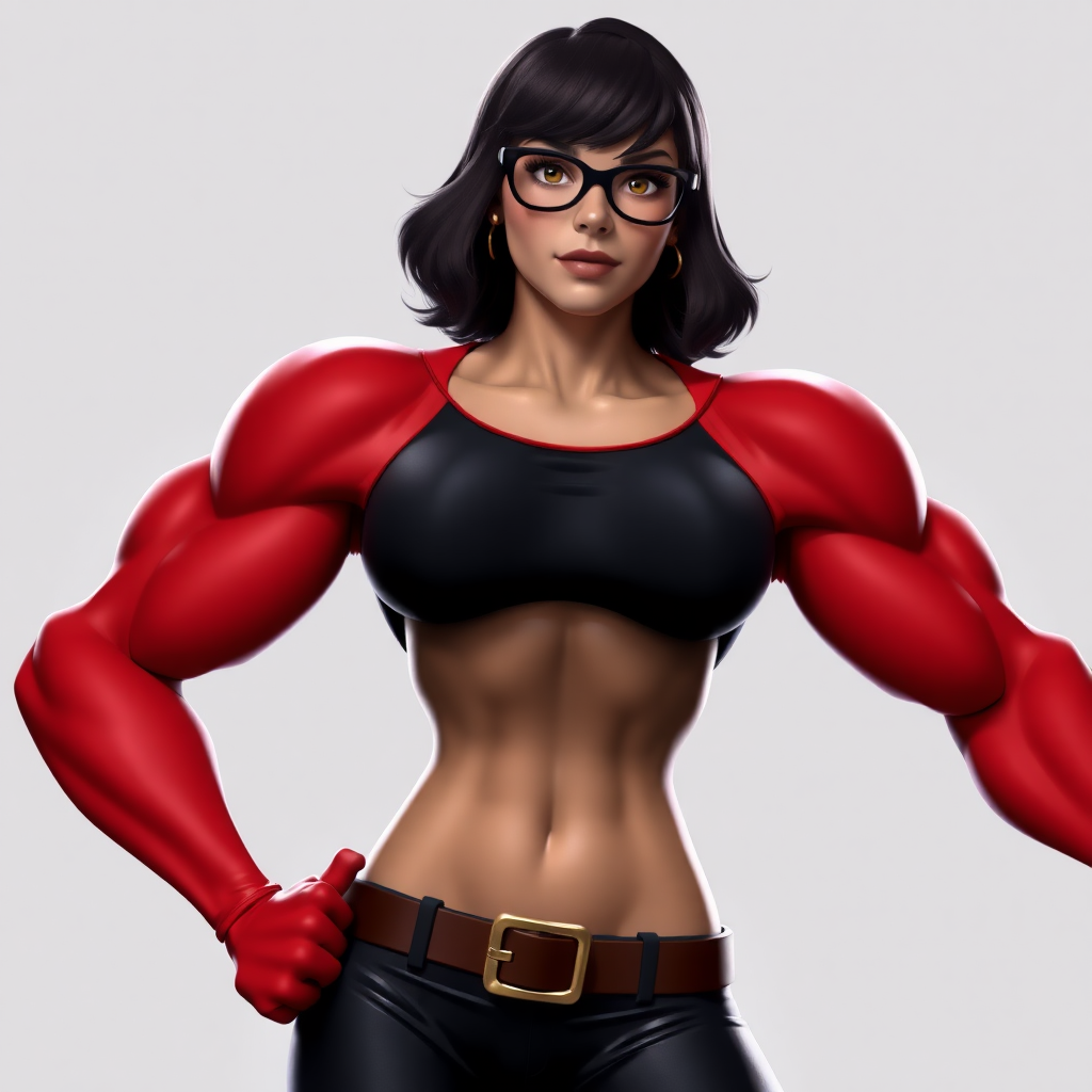 Create a hyper-realistic render of Velma Dinkley featuring a superhero's chiseled, heroic physique, including broad shoulders and powerful muscles. Keep Velma's head intact, but modify her silhouette to reflect her new body type. Include a background appropriate for both character designs.