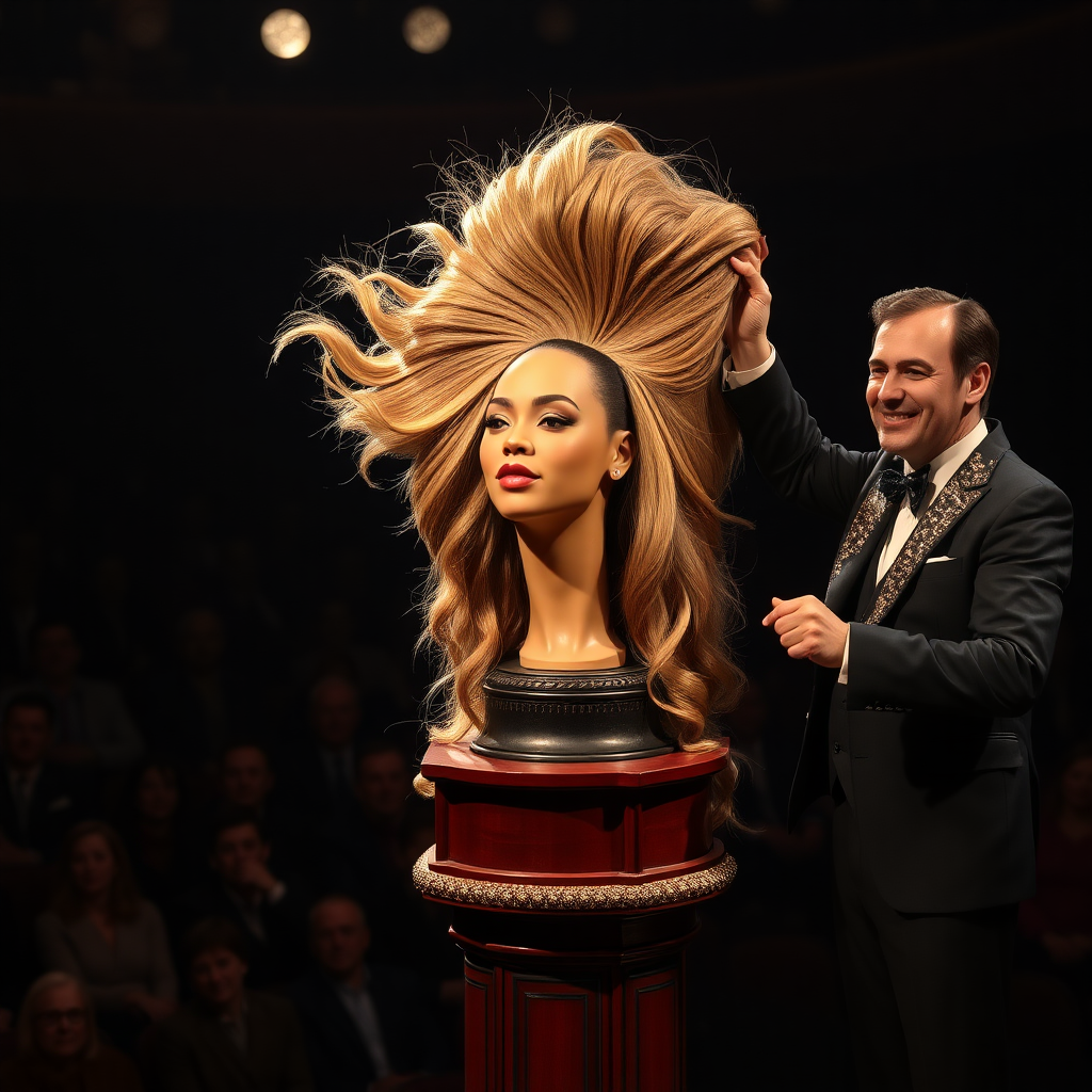 In a dimly lit theater, the atmosphere crackles with anticipation, the audience's murmurs a blend of curiosity and skepticism. On a grand, elegantly adorned display stand sits the disembodied head of the enchanting Beyoncé, her radiant skin glistening under the soft, warm glow of the spotlight. Her striking features are perfectly framed by cascading locks of lustrous, very long hair that shimmer with hues of light brown and hints of rich mahogany, reminiscent of polished silk.

Standing beside her is the magician, a charismatic figure in a sharp, tailored suit that glints with sequins in the light. With theatrical flair, he holds her voluminous hair aloft, fingers splayed wide, deftly spreading it out like a shimmering waterfall, mesmerizing the audience. The hair flows like liquid night, each strand capturing the light as it falls gracefully to the ground, creating a stunning, almost surreal contrast against the stark wooden stage.

The magician’s face is lit with a confident smile, his eyes sparkling with the thrill of the performance, as he engages the audience with playful banter. Their gasps and laughter echo throughout the room, a symphony of wonder and disbelief. The scent of polished wood and fresh popcorn wafts through the air, mingling with the underlying electricity of the moment. Time seems to stand still as the audience leans in, captivated by the spectacle, a seamless blend of illusion and artistry that promises to defy reason and ignite imagination.