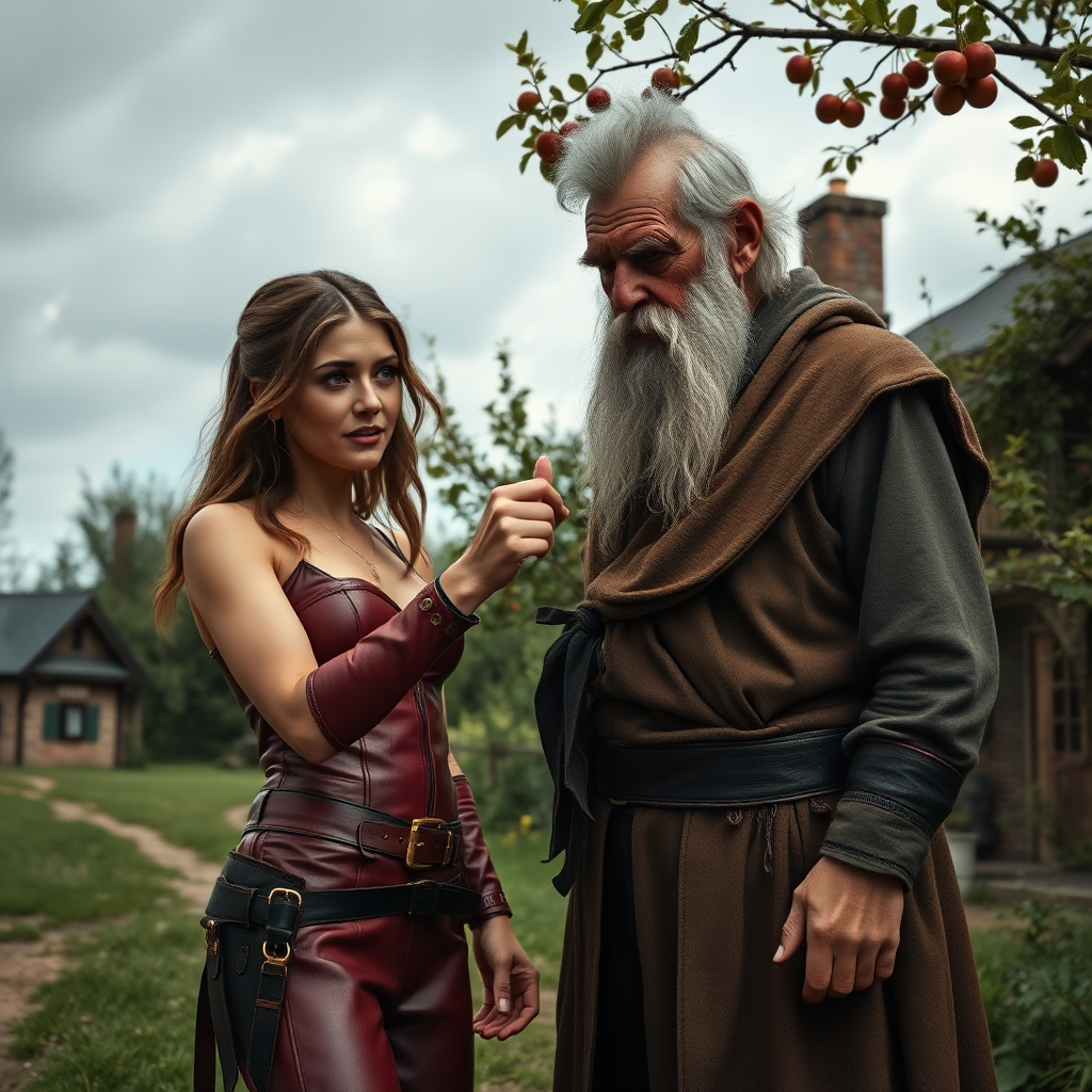 A wide distance shot of a pretty female adventurer in subtle red leather clothing, standing next to a thin, short, frail old farmer who looks ill. She is holding a gold ring towards him but he waves it away. Apple trees surround a pastoral fantasy house near a road to "Dunright".