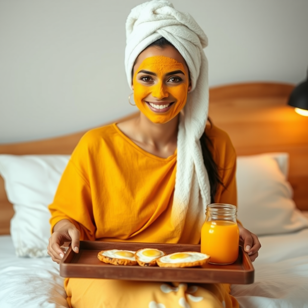 slim, 30 year old, indian wife, towel head, turmeric face mask. She is smiling and serving breakfast on a tray on bedside table