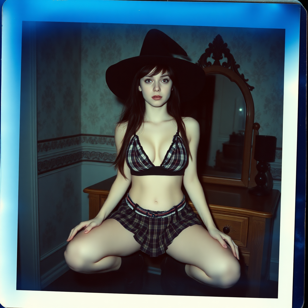 can of an old polaroid photo with heavy dark vignetting and a blue color tint to the photograph and visible light leaks. The photo depicts a sexy alt goth girl with pale skin. She has large breasts with ample cleavage and is wearing a plaid bra with triangle shaped cups. She is wearing a witch hat. The image looks hazy and grungy. She is in an old house with wallpaper on the walls. Dark lighting with camera flash used. Candid. She is wearing a pleated miniskirt and a plaid thong. She is sitting on a builtin vanity with a mirror with her knees spread apart.