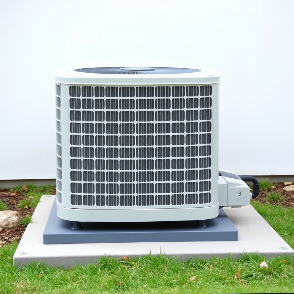 A simple, realistic image of a standard residential outdoor air conditioning unit or condenser. The unit should be placed on a flat surface, such as a concrete pad, and surrounded by some basic landscaping elements like grass, small shrubs, or rocks. The unit should be a neutral color like white, beige, or gray. The image should have a plain, uncluttered background to serve as a generic stock photo.