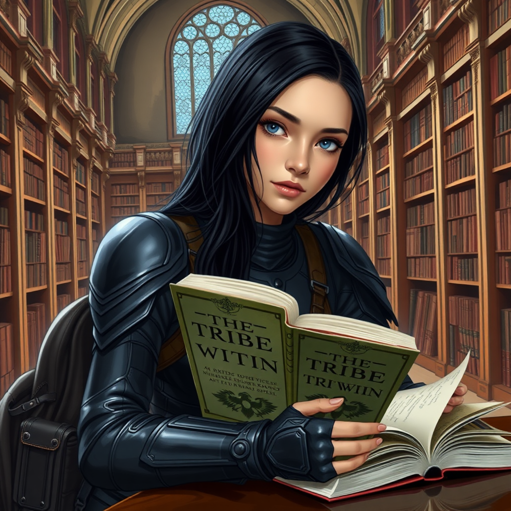 beautiful young woman, dark hair past her shoulders, blue eyes, small, slim figure, wearing full leather armor suit, sitting at table, reading book title: "The Tribe Within", a sandwich and backpack, in a grand old library.